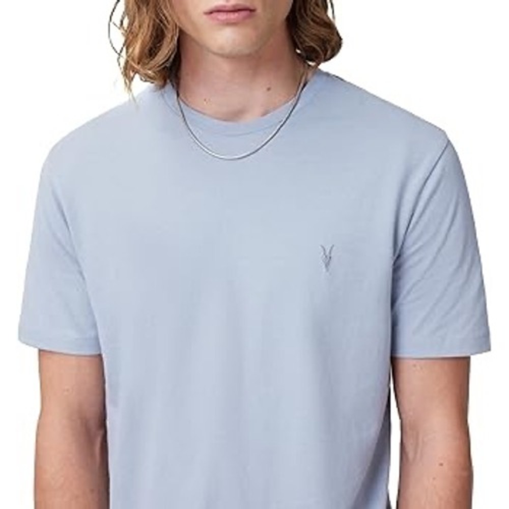 AllSaints Tonic Slim Fit Crew Neck T-Shirt Light Blue Large Ramskull Logo